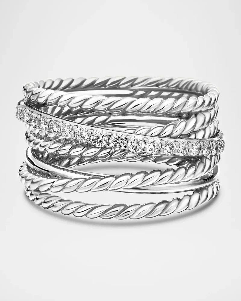 Crossover Ring with Pavé Diamonds and Silver, 12mm