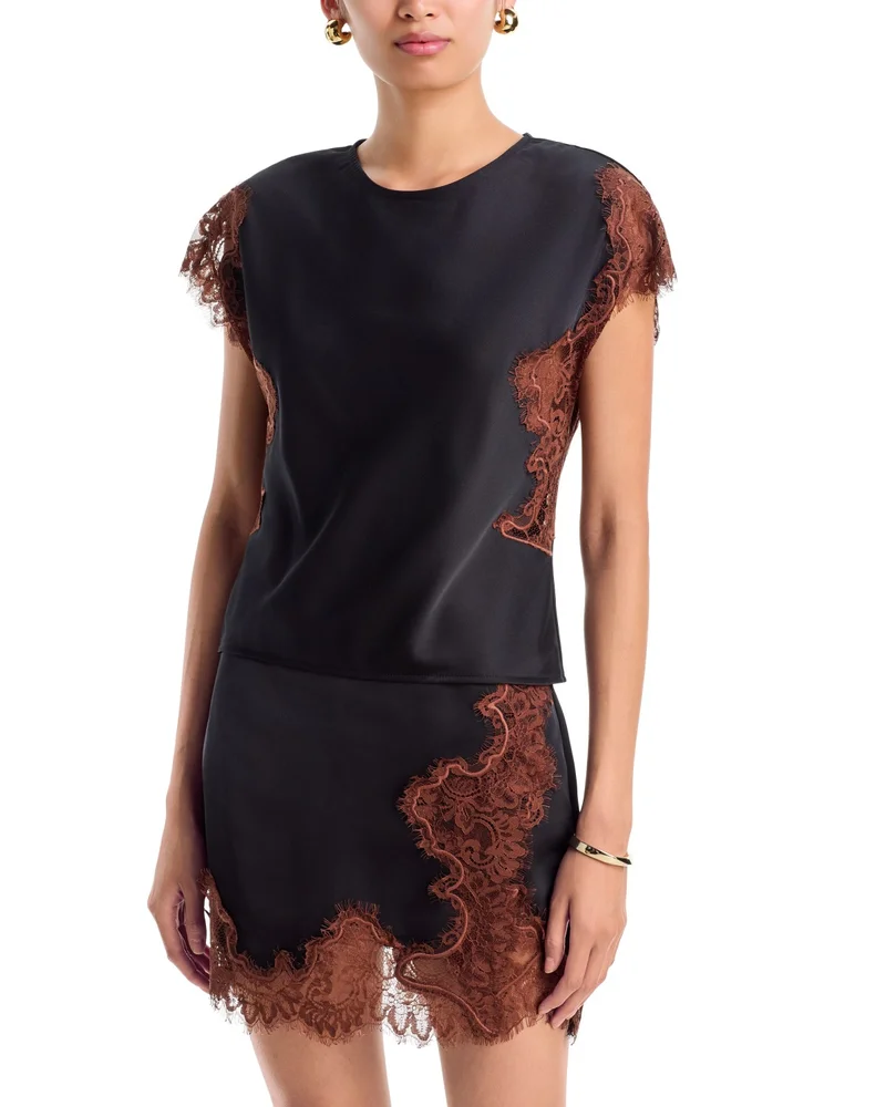 Cap Sleeve Lace Trim Satin Top - Exclusive