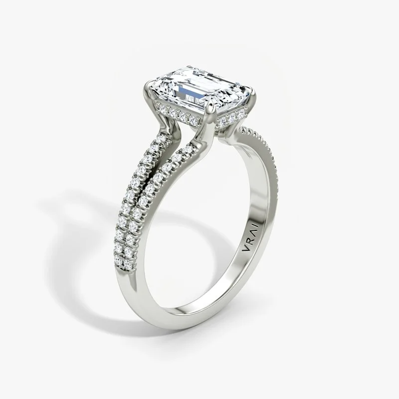 Floating Split Band Engagement Ring, Emerald 1.5ct, White Gold