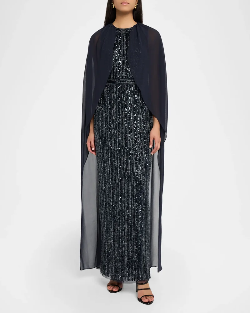 Beaded Cape-Sleeve Column Gown
