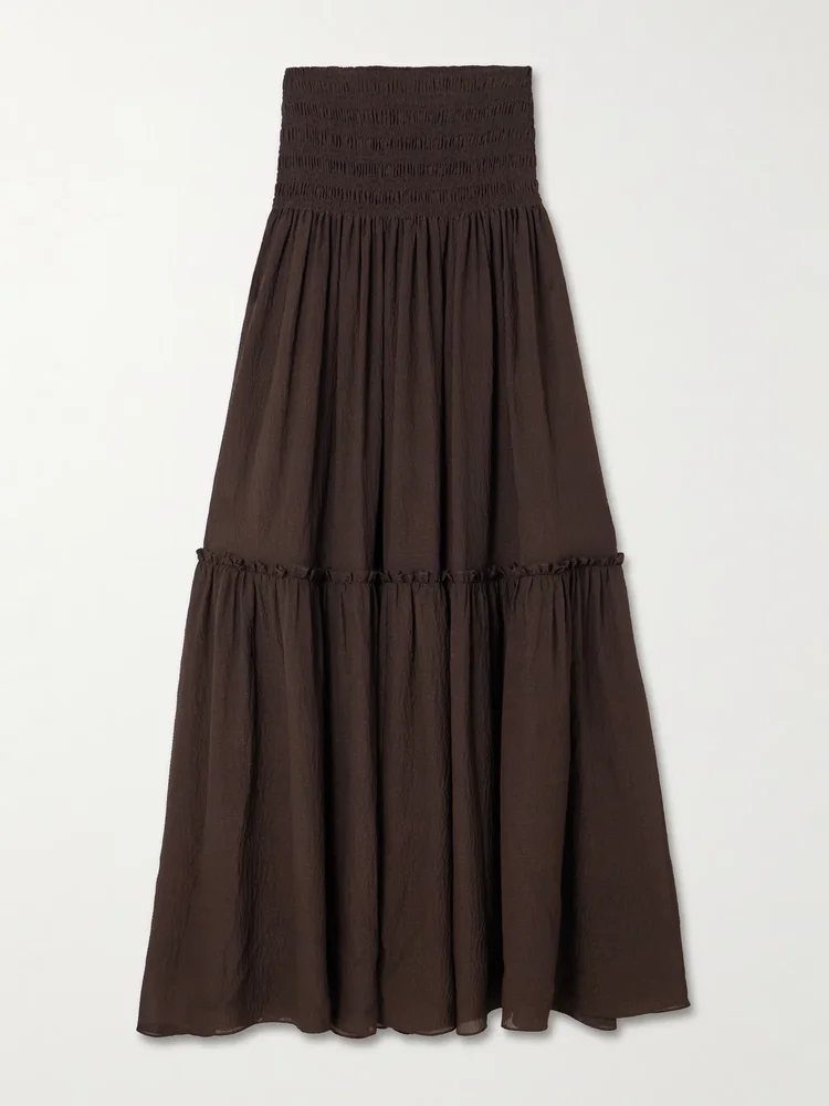 Folia shirred tiered seersucker maxi skirt