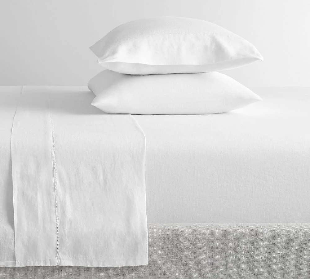 Belgian Flax Linen Hemstitch Sheet Set, White