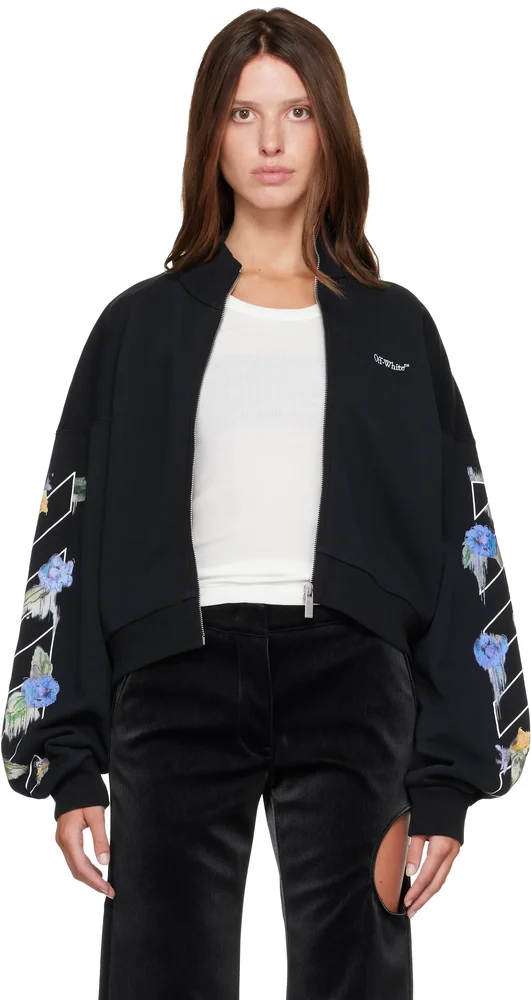 Black Embroidered Arrow Out Flower Zipup Sweatshirt