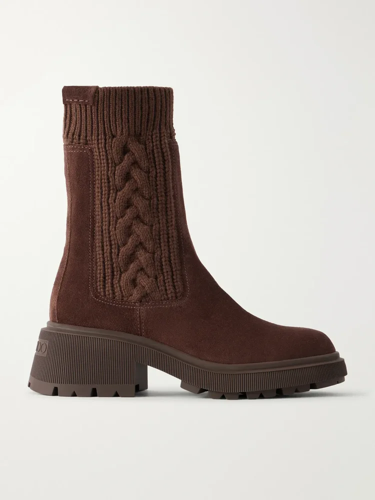 Tamia 70 cable-knit wool and suede Chelsea boots