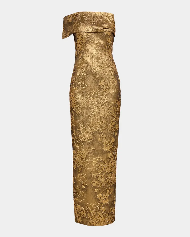 Asymmetric Off-The-Shoulder Metallic Jacquard Gown