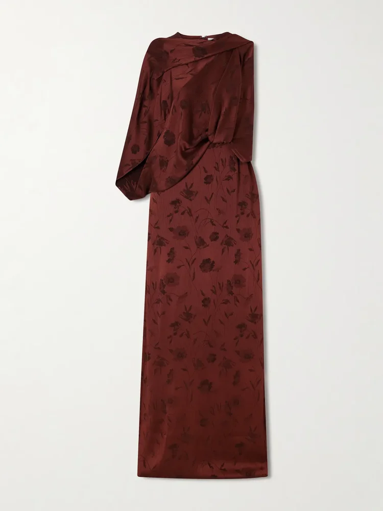 draped floral jacquard crepon gown