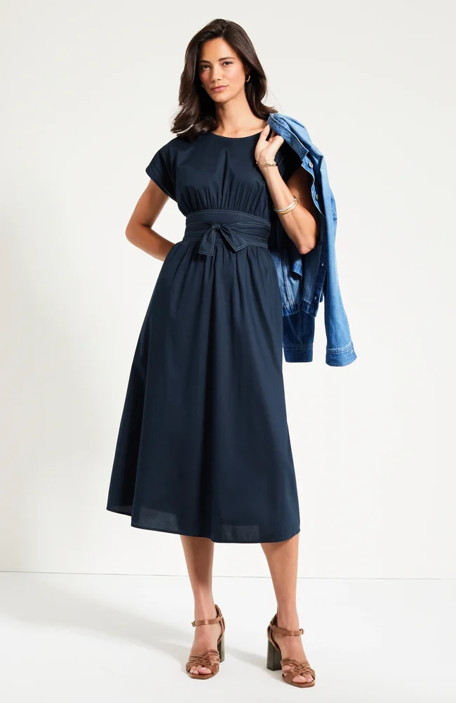 Topstitched Tie-Waist Midi Dress