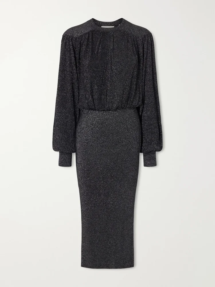 Aliza gathered metallic knitted midi dress