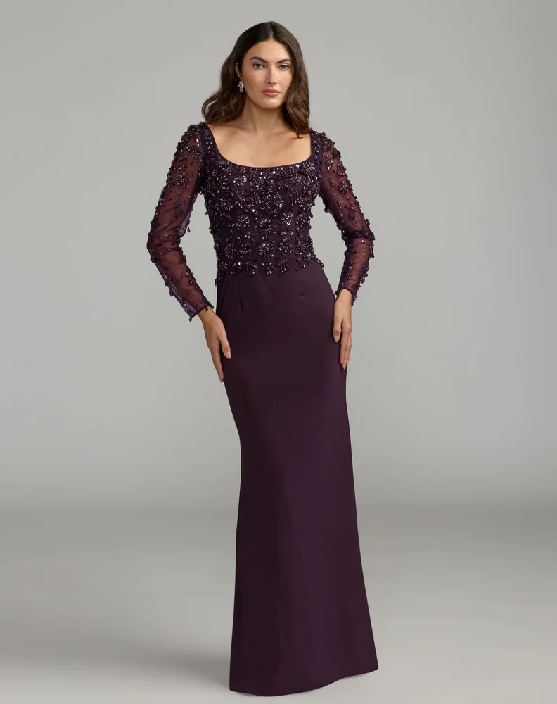Amethyst Long Sleeve Beaded Column Gown