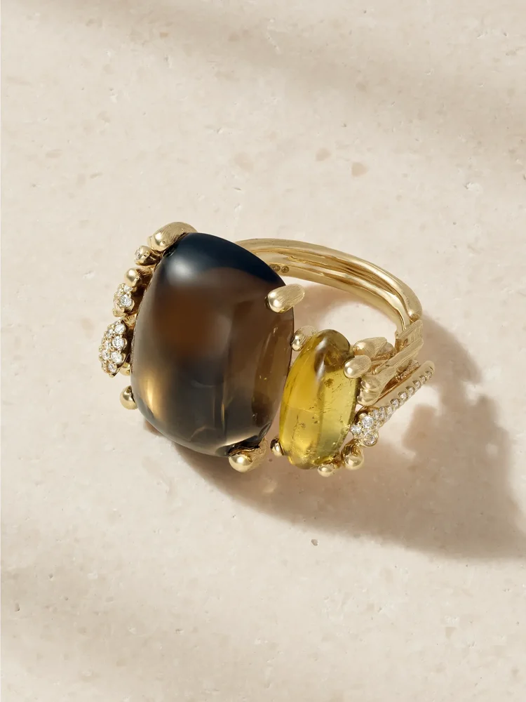 BoHo 18-karat gold, quartz, tourmaline and diamond ring
