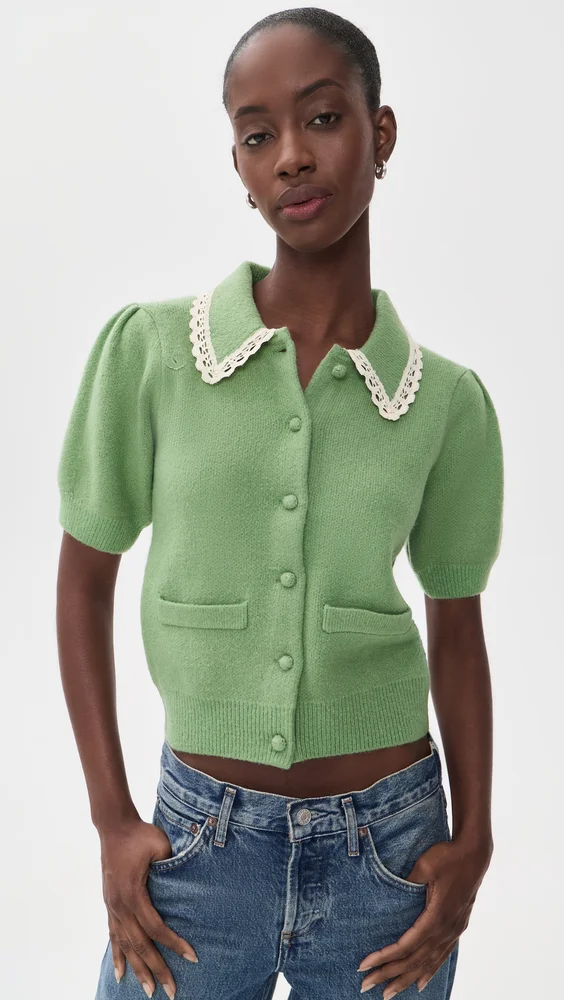 Lace Trim Puff Sleeve Knit Cardigan