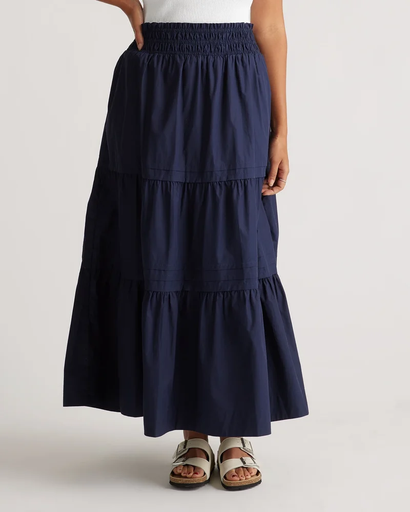 100% Organic Cotton Tiered Maxi Skirt in Navy