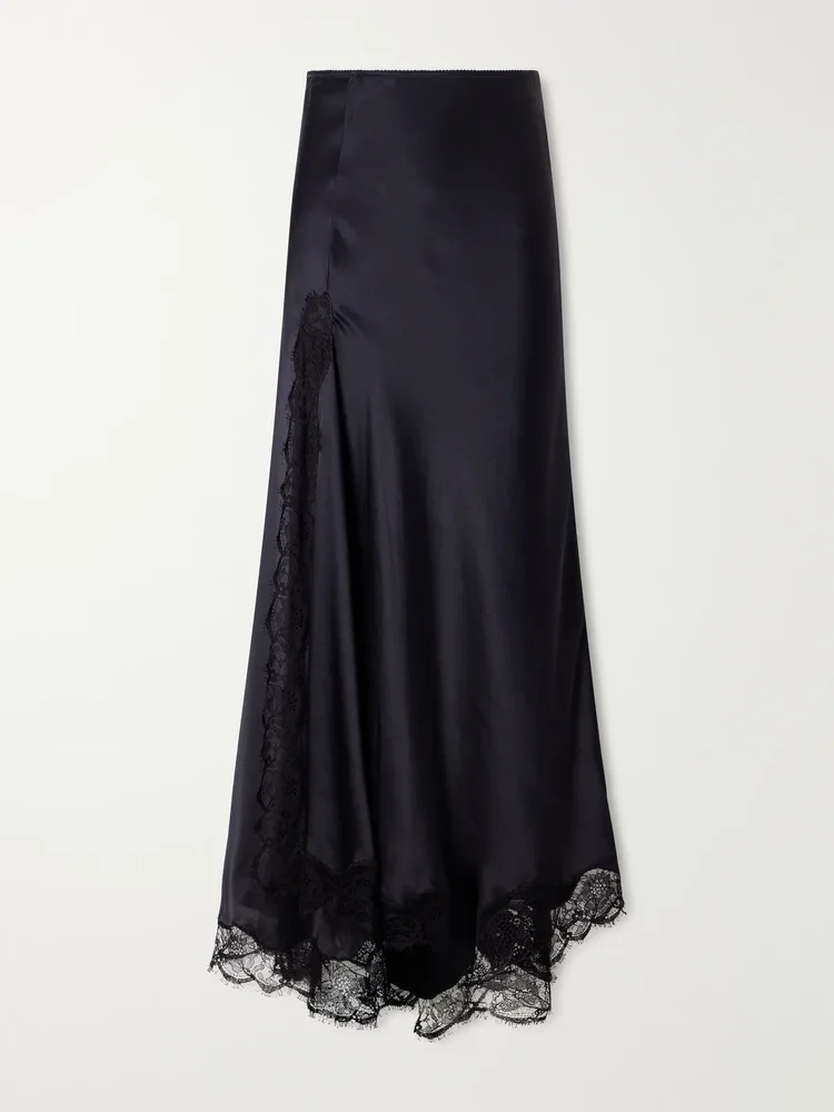 Alexandra lace-detailed silk-blend satin midi skirt