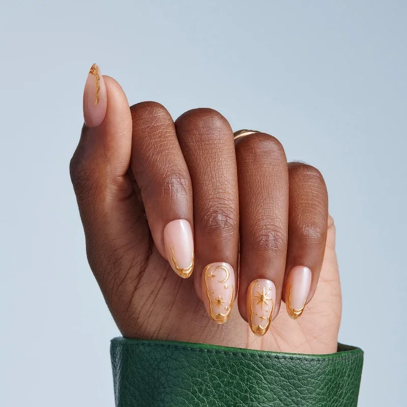 Glam Jeweled Press-On Fake Nails - Medium Almond - Golden - 35ct