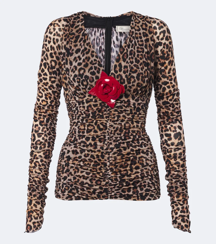 Floral-appliqué leopard-print jersey top