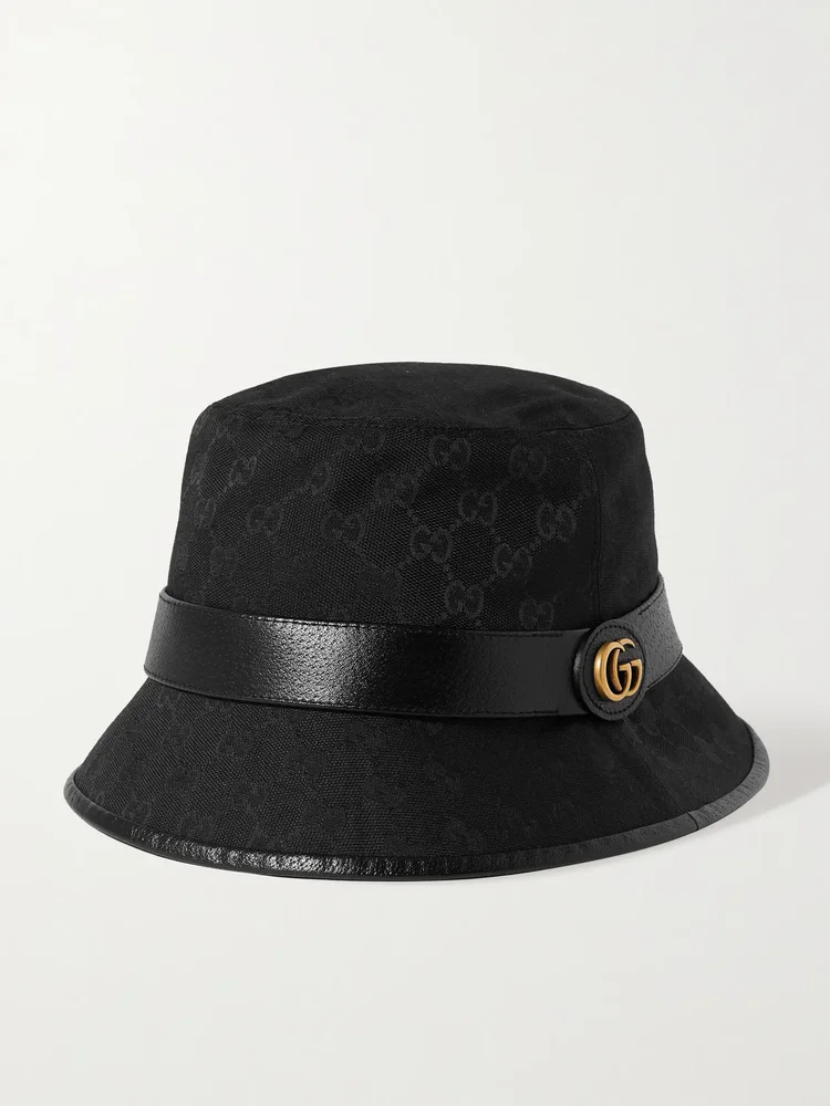 Leather-trimmed canvas-jacquard bucket hat