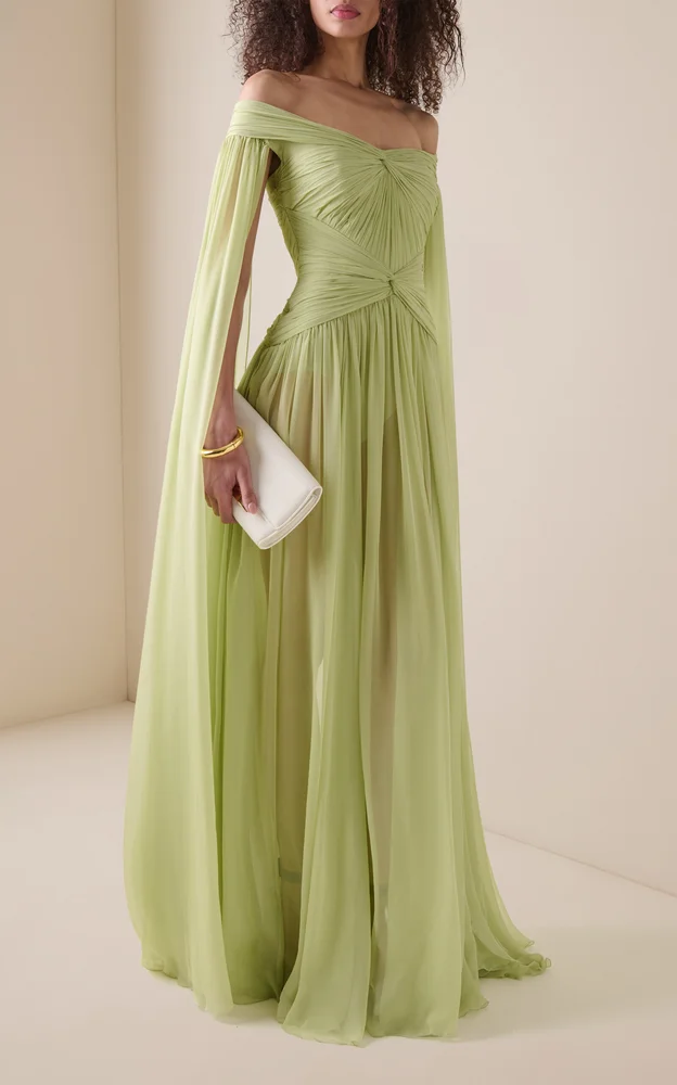 Chiffon Off-Shoulder Draped Long Dress