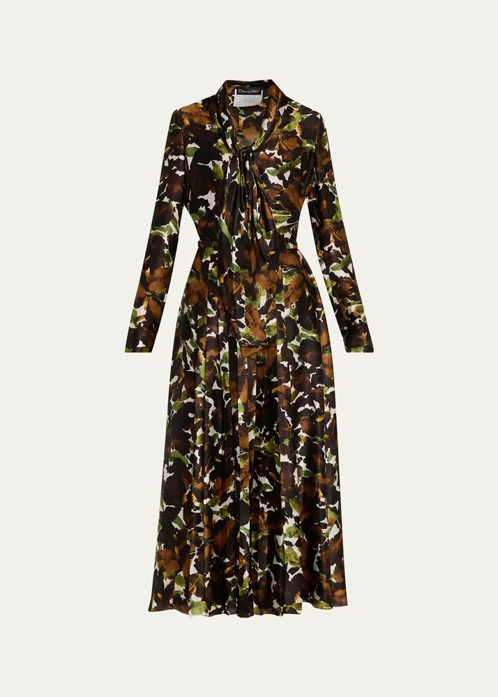 Watercolor Iris Silk Long-Sleeve Midi Shirtdress