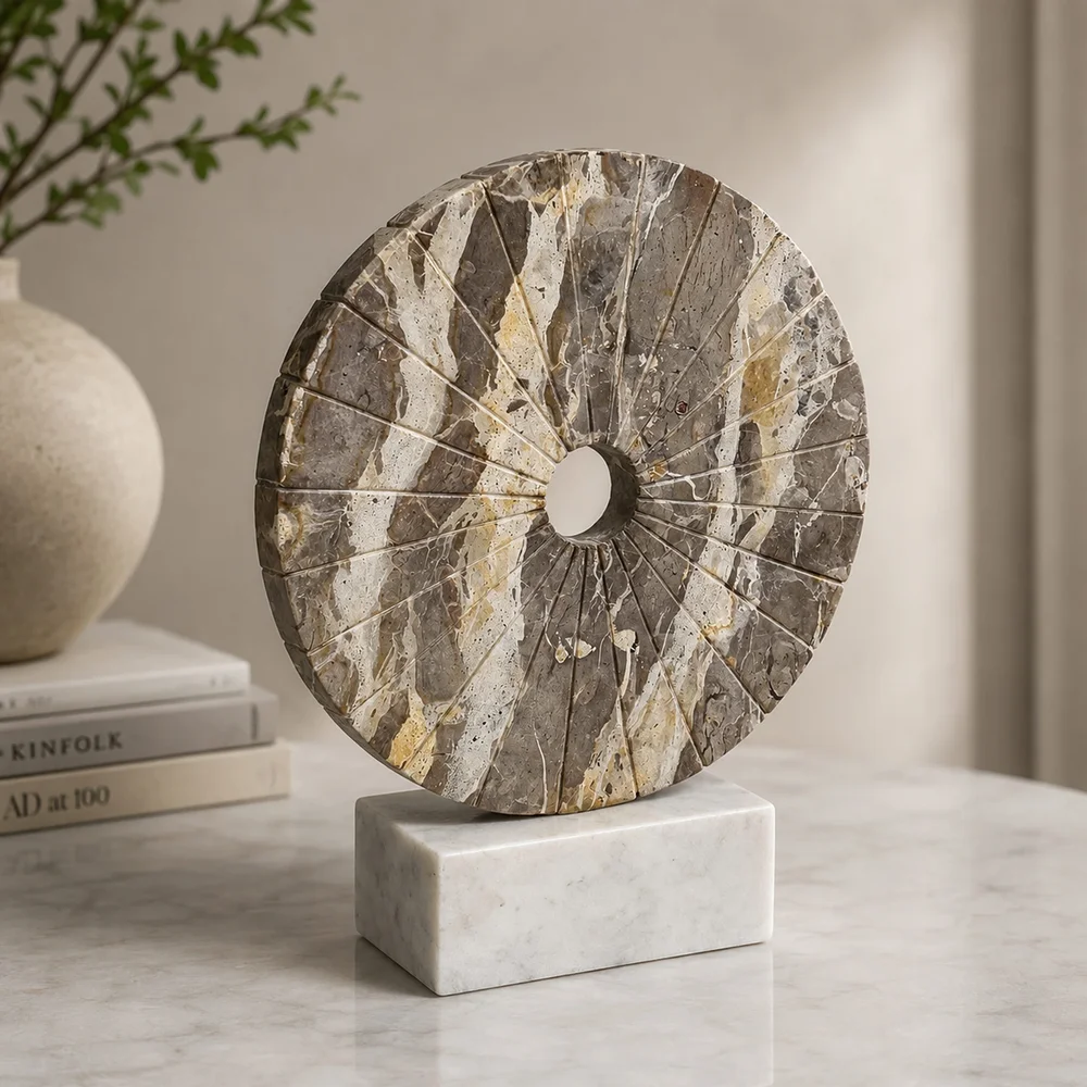 Helios Wheel - Sculptural Beige and White Marble Decorative Object | Tabletop Accent