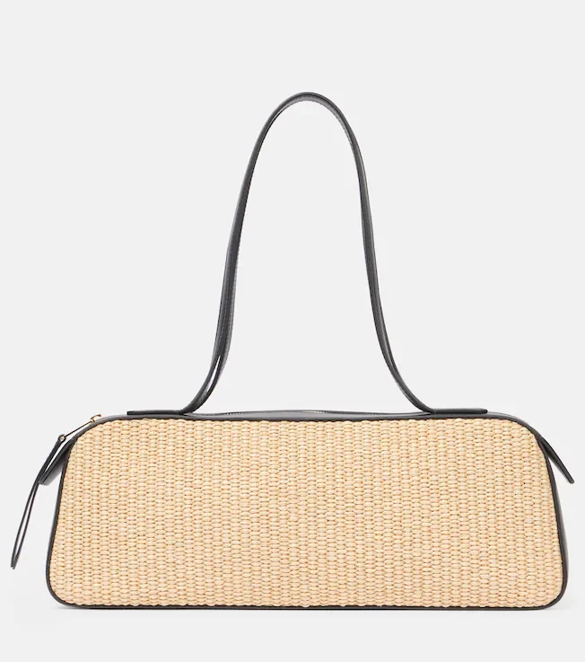 Simona leather-trimmed raffia shoulder bag