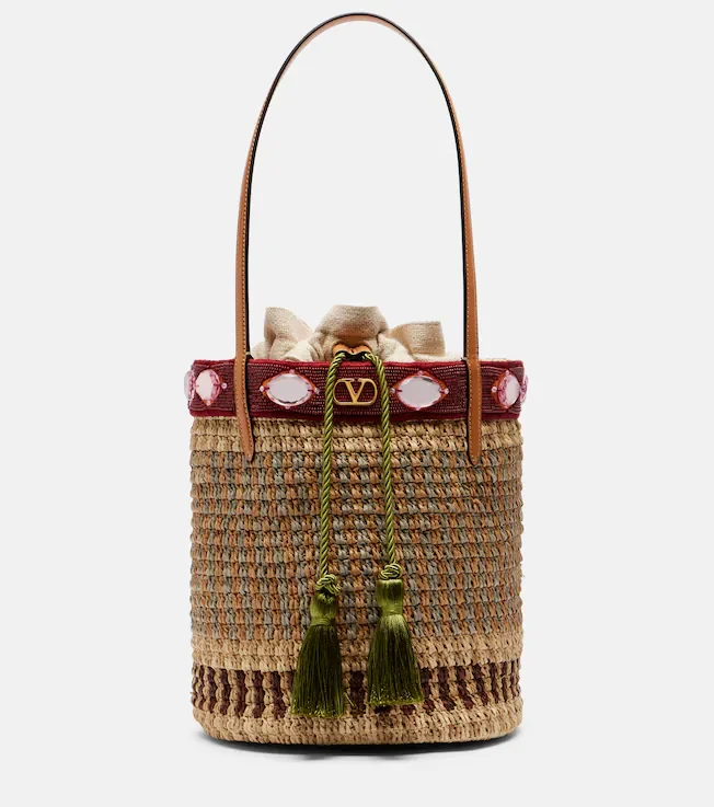 VLogo Large embellished raffia bucket bag