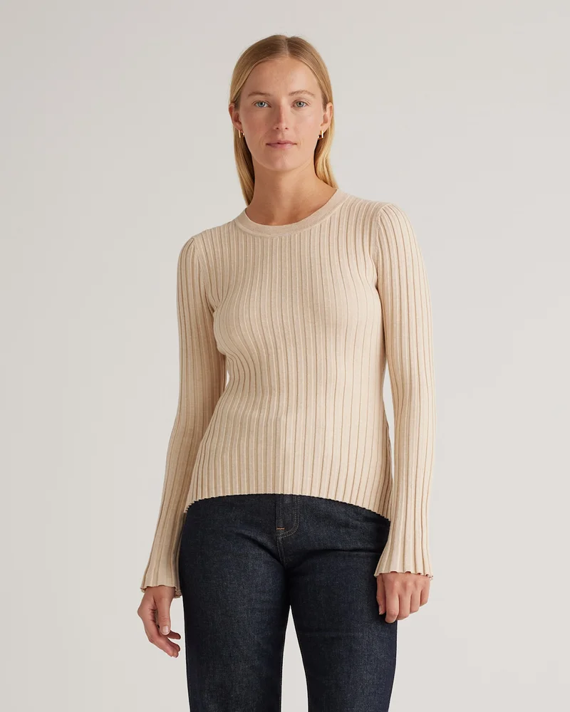 Cotton Cashmere Ribbed Long Sleeve Sweater in Heather Oatmeal