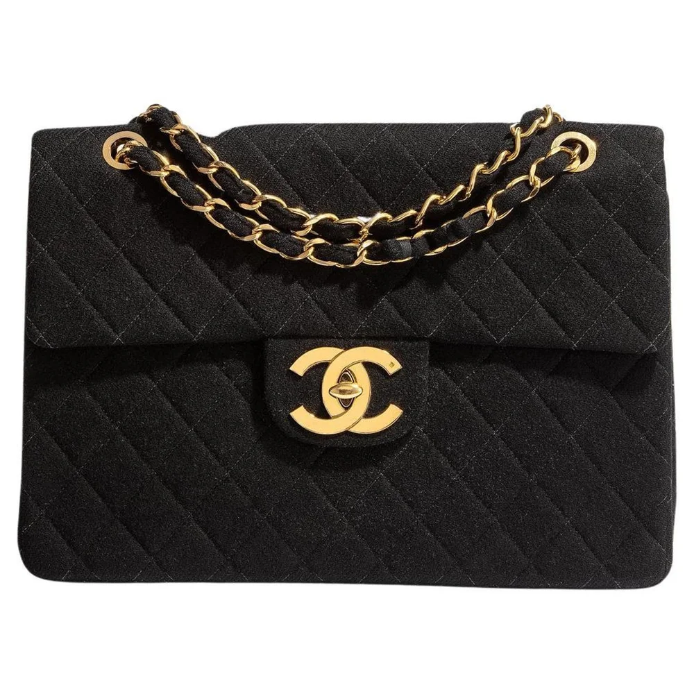 Pre-Owned 1990s Black Gold Quilted Jersey Maxi Flap Bag with Leather