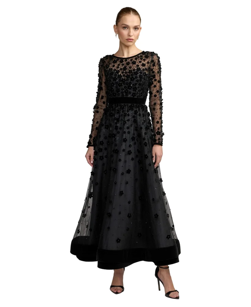 NEW Petite Floral Applique Beaded Tulle Evening Gown