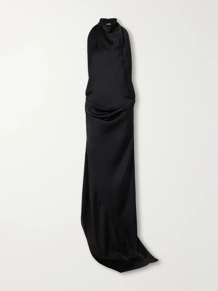 Open-back gathered silk-satin halterneck maxi dress