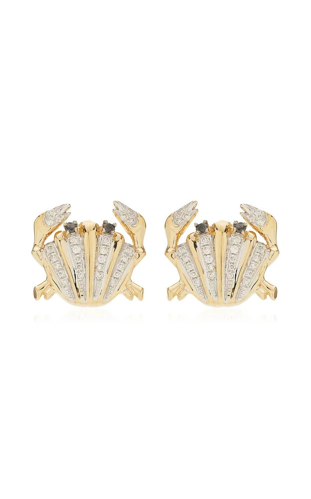 Mini Yellow Gold Diamond Shell Crab Earrings