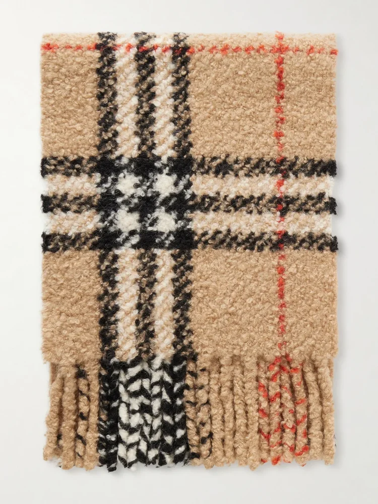 fringed checked alpaca and wool blend boucle scarf
