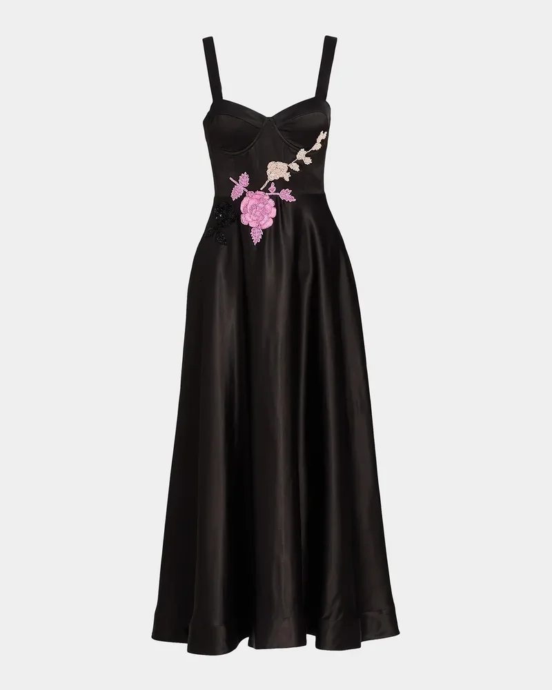 Satin Embroidered Floral Cocktail Dress