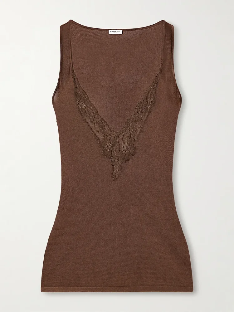 Lace-trimmed knitted tank