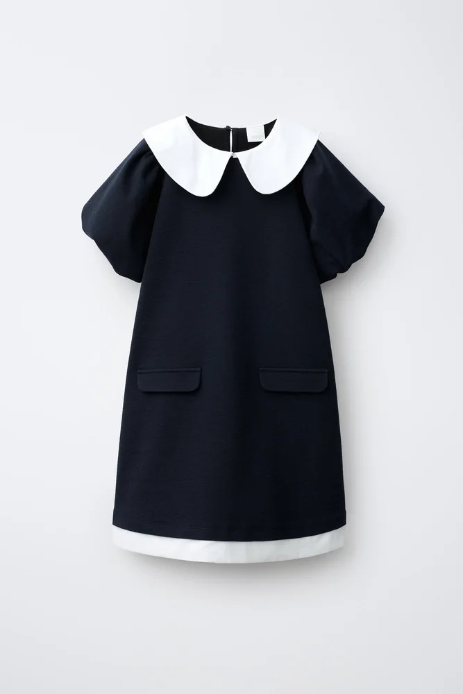 Contrast Collar Dress (Navy Blue)