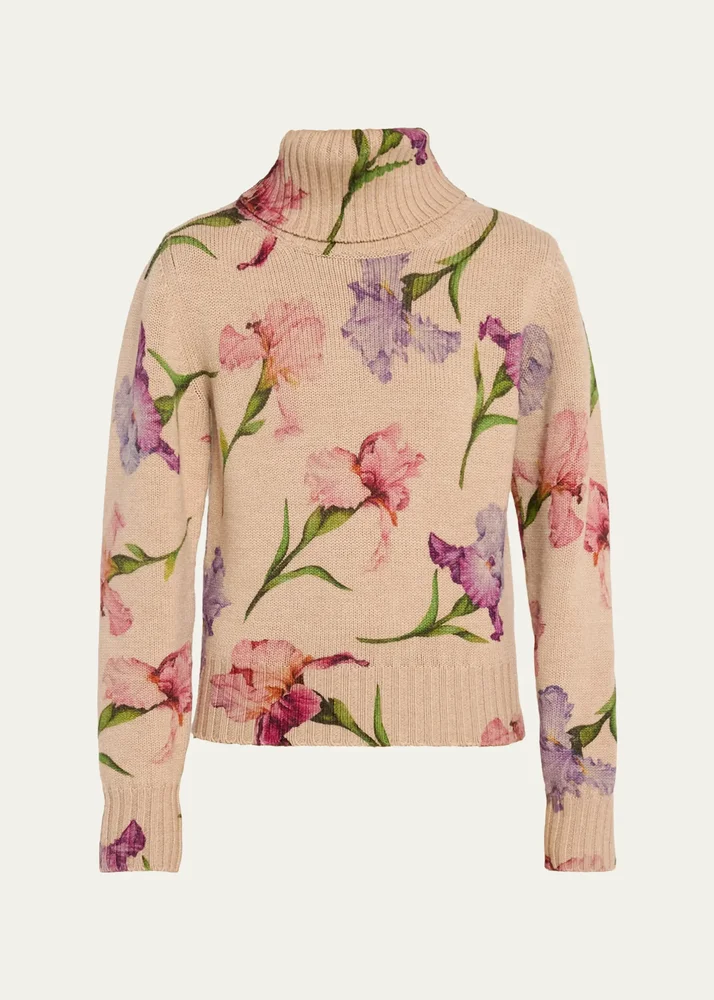 Watercolor Iris Print Wool Turtleneck Sweater