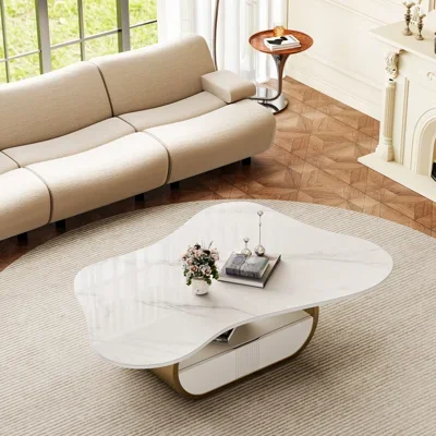 41.7" Gold Coffee Table With Abstract Shaped Design, Faux Marble Stainless Steel Base Coffee Table With Storage