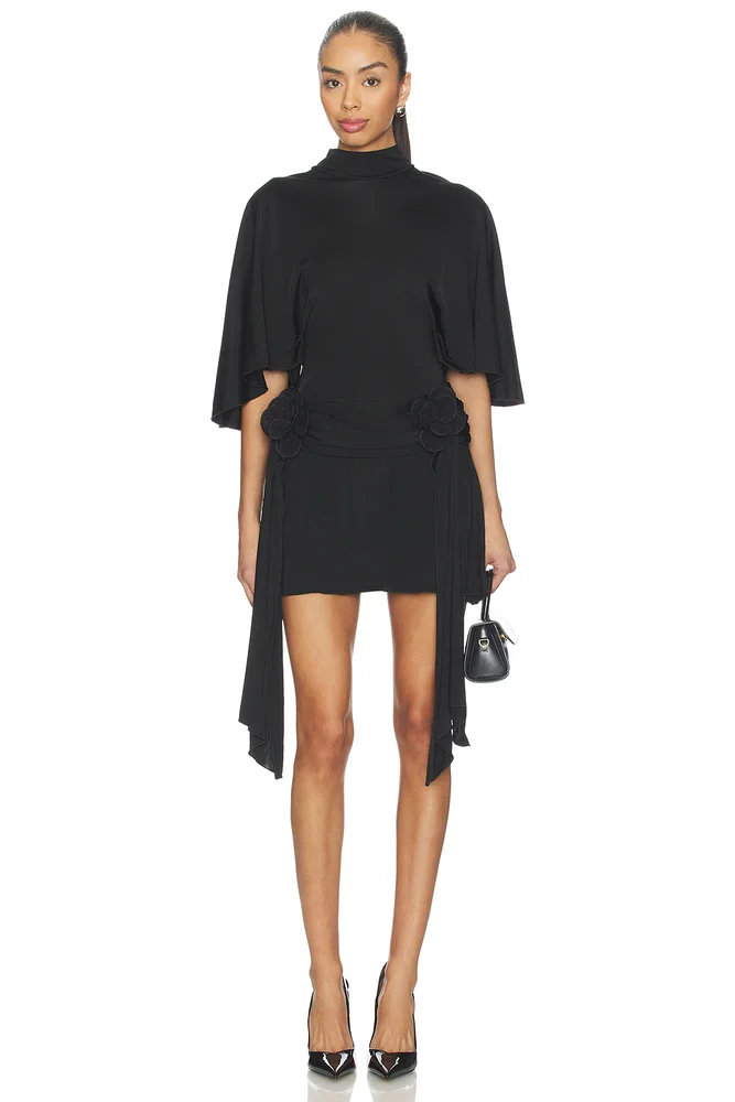 3D Lace Flower Detail Draped Sleeve Mini Dress