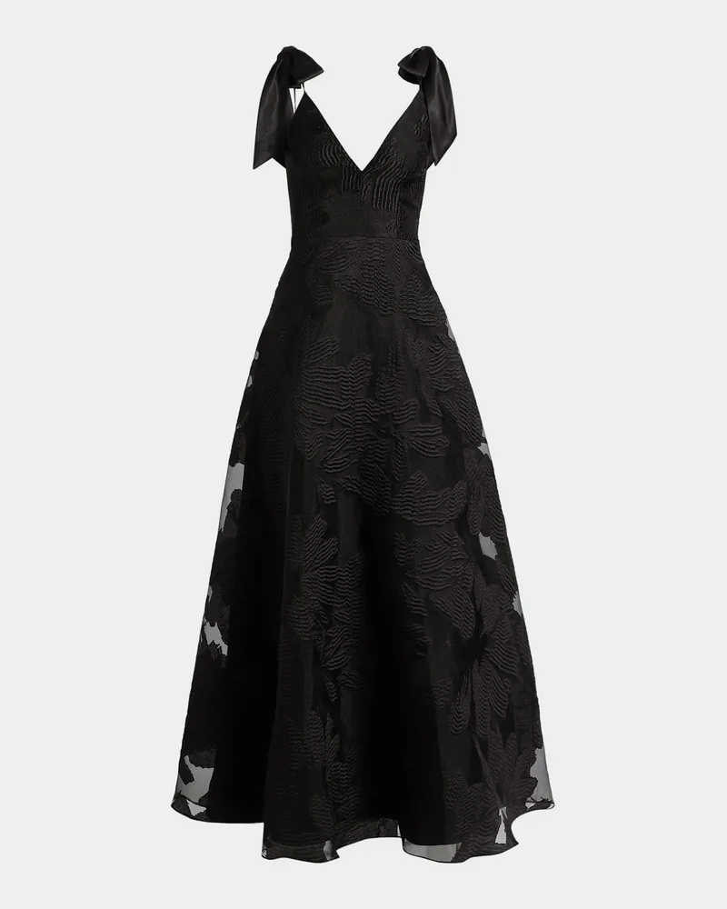 Bow-Embellished Floral Jacquard Gown