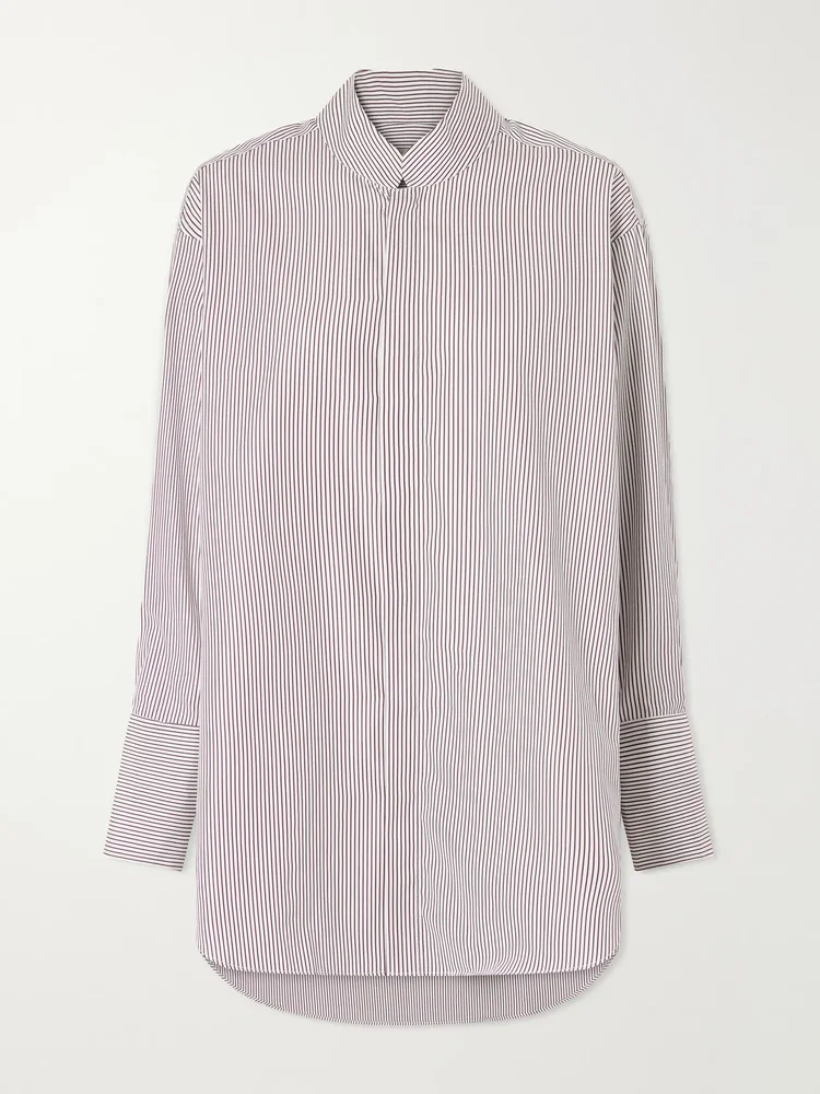 Mandarin-collar striped cotton-poplin tunic