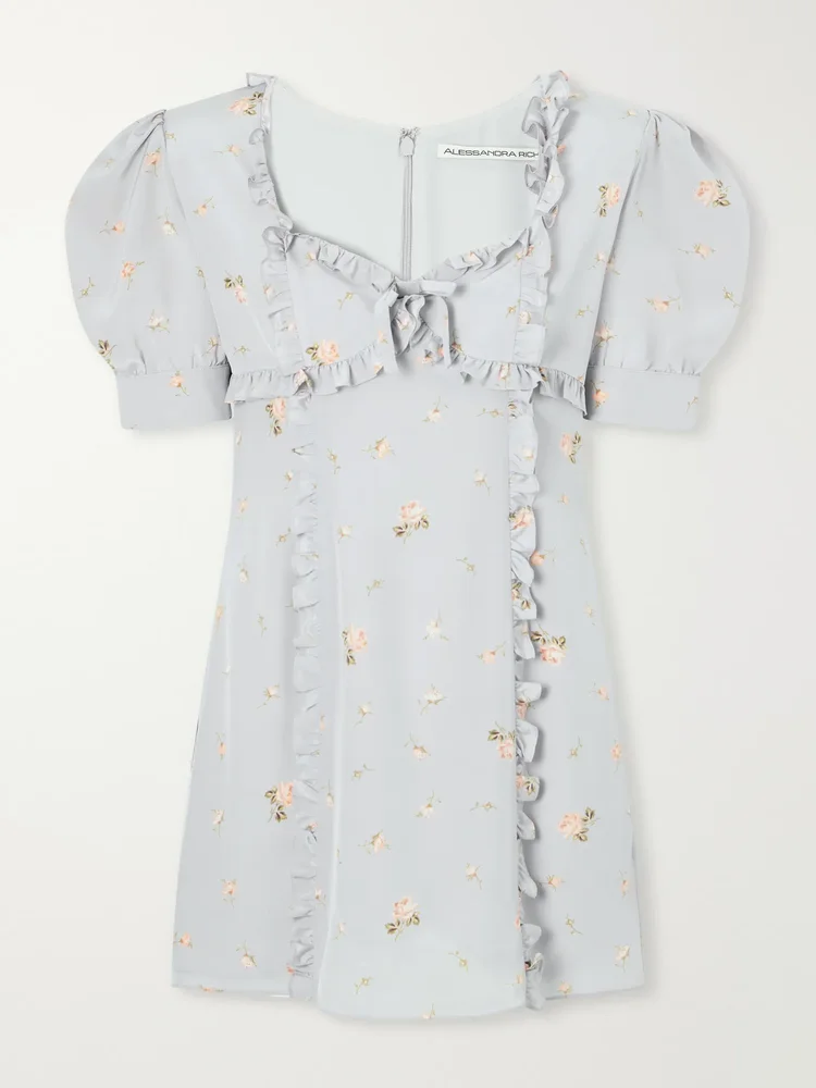 Floral-print ruffle-trim silk-crepe mini dress