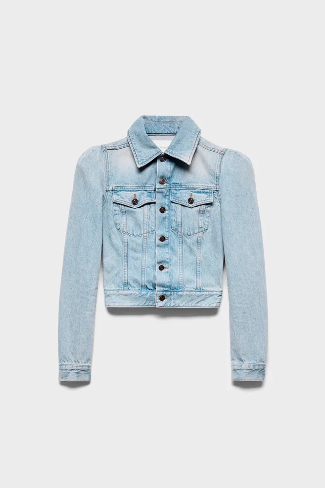 Puff Sleeve Trucker Jacket in Denim Chelsea