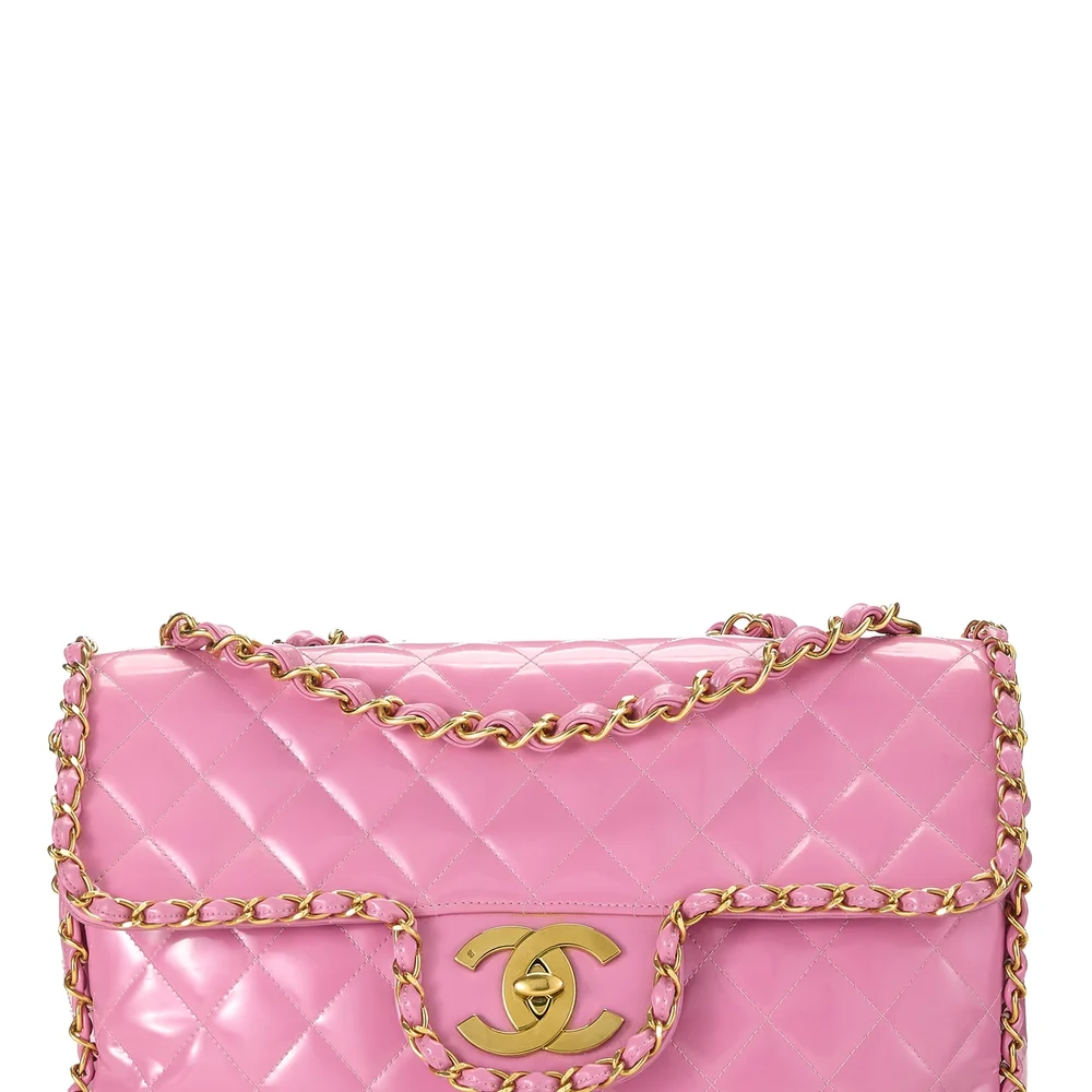 Pre-Owned Pink Quilted Patent Leather Chain Border Flap Maxi
