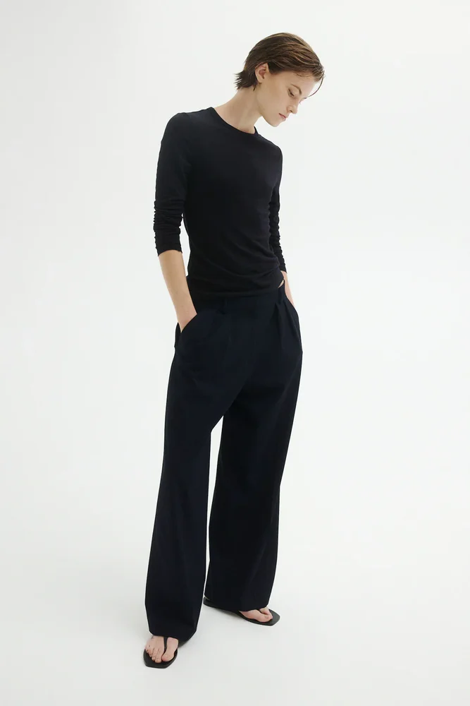 Four-Way Stretch Wide-Cut Pants, Navy Blue