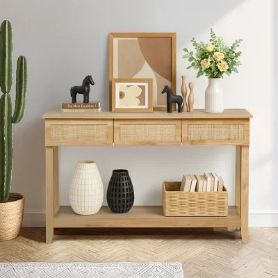 51.2" Boho Rattan Narrow Console Table with 3 Drawers, Natural Wood Entryway Sofa Table for Hallway