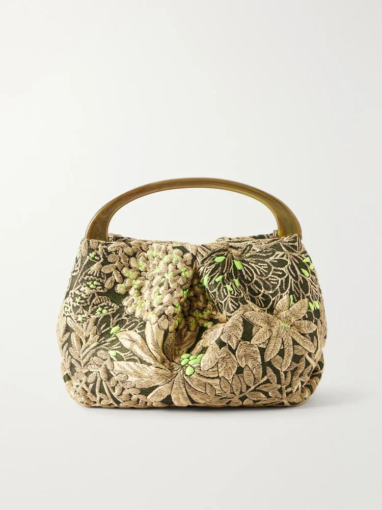 Leather-trimmed floral-jacquard crossbody bag
