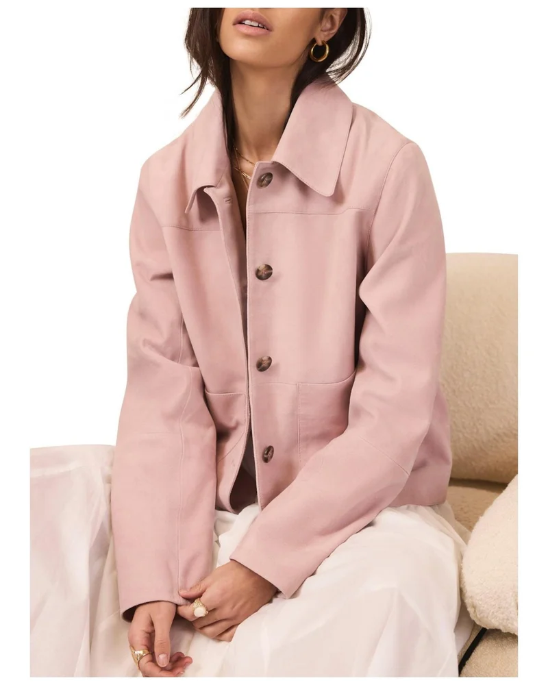 Women's Suede Jacket with Classic Collar & Button-Front Pockets