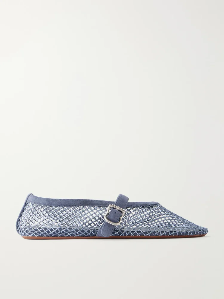 La Ballerine crystal-embellished suede-trimmed mesh ballet flats