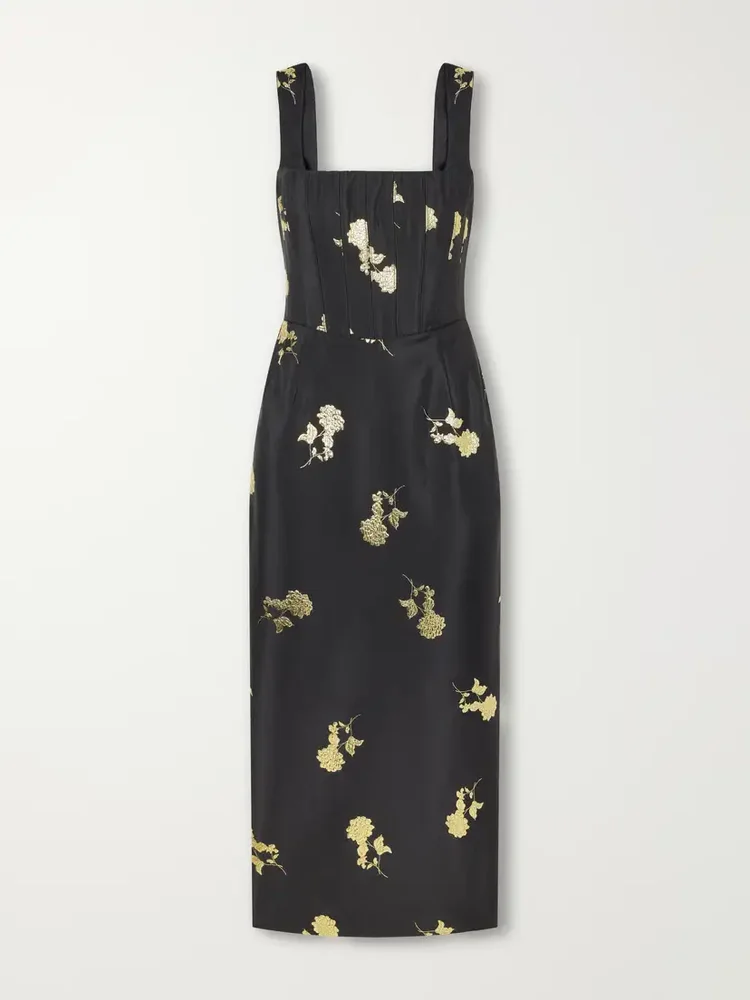 Mariya floral-embroidered corset midi dress