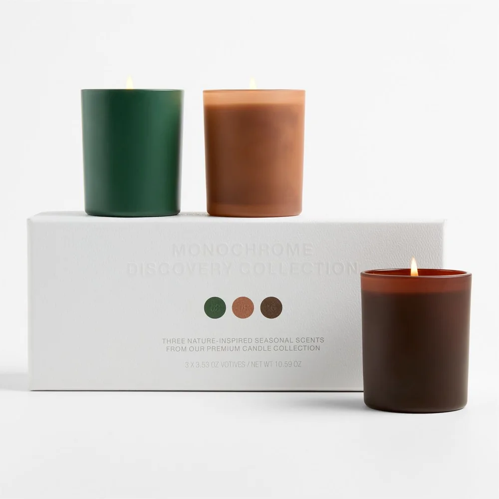 Monochrome 3 Piece Votive Gift Set, Harvest, Tabac, Evergreen