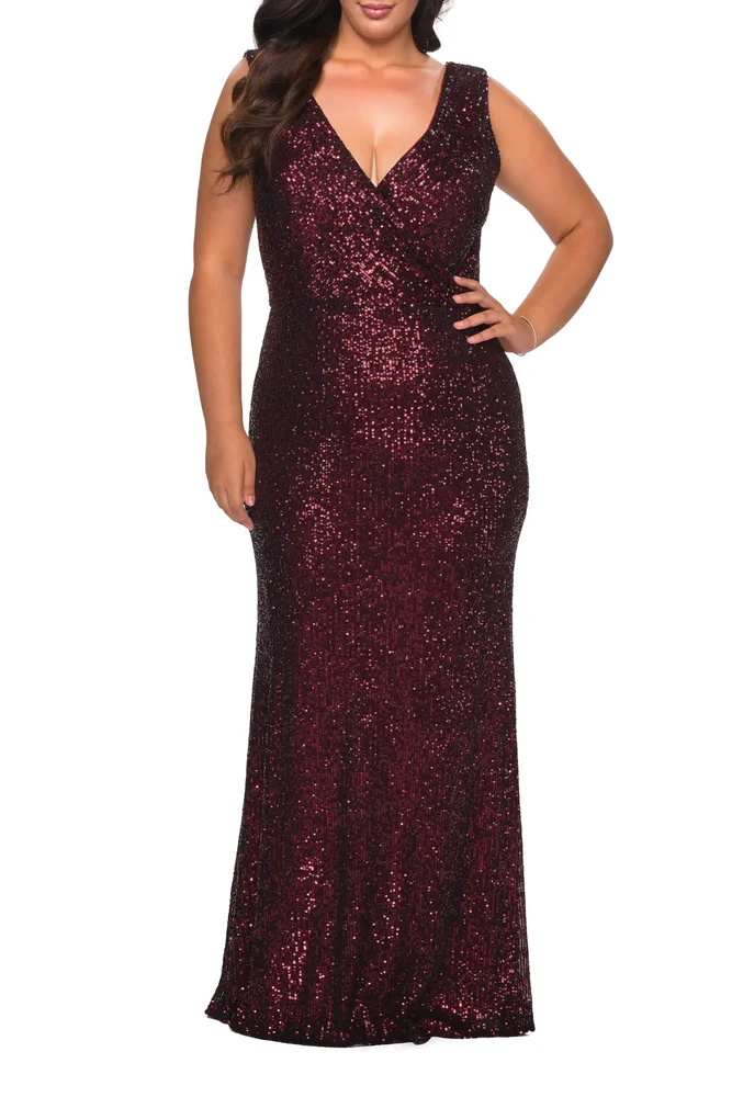 Long Sequin Plus Size Gown with V-Neck